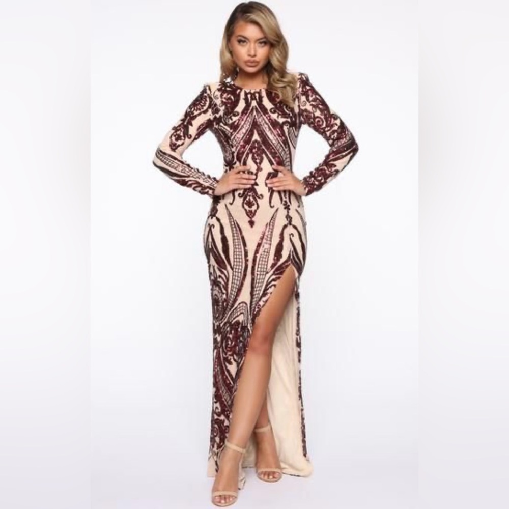 Fashion Nova Burgandy Sequin Maxi Formal Gown